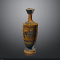 Ancient Greek Style Carved Vase With Figures Animals And Orange Black Design