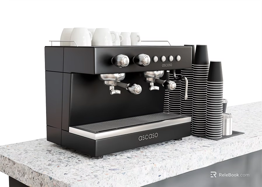 Black GAGGIO Coffee Machine As Kitchen Appliance With Stacked Paper Cups White Cups On Countertop 3d model 