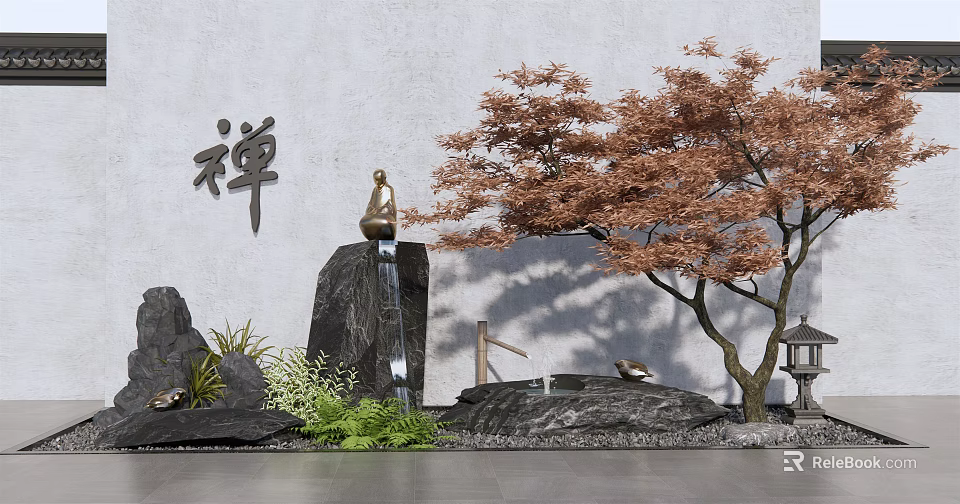 Zen Inspired Garden Wall With Buddha Statue Red Leaf Tree And Water Feature 3d model