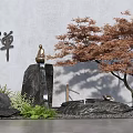 Zen Inspired Garden Wall With Buddha Statue Red Leaf Tree And Water Feature 3d model