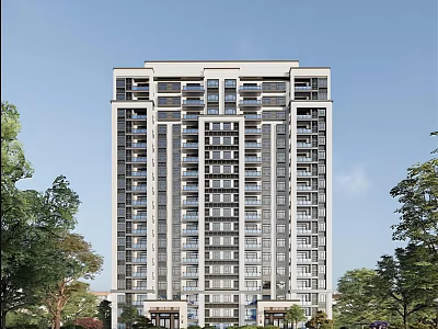 Modern High Rise Residential Building Exterior Design With Green Trees And Blue Sky 3d model