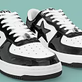 Black and White Star Pattern Glossy Leather Sneakers With White Laces And White Sole