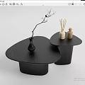 Modern Black Irregular Coffee Table with Vase Twig and Aromatherapy Bottles 3d model