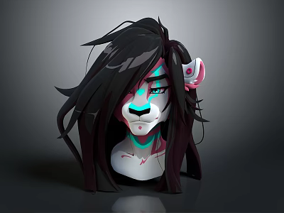 Fantasy Lion Head Game Movie Character With Long Hair Pointed Ears And Glowing Lines 3d model