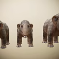 Detailed Realistic Three Standing Elephants With Textured Skin And Open Mouths