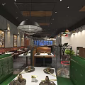 Restaurant Interior With Green Booths Black Pendant Lights Red Brick Walls And Metal Mesh Decorations