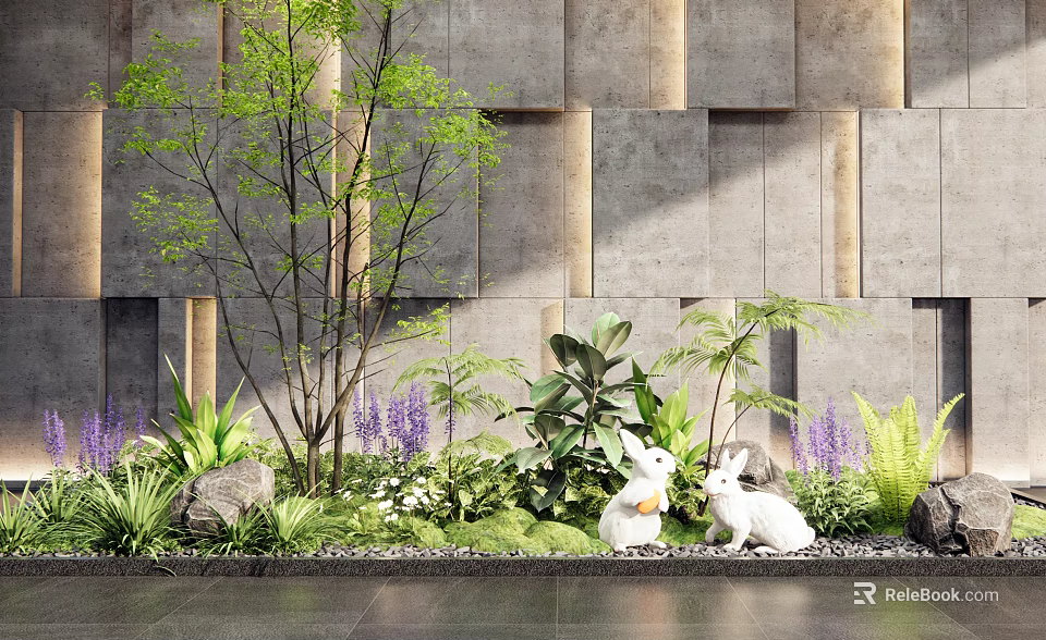 Lush Indoor Landscape With Green Plants Purple Flowers Stones White Rabbits And Gray Wall 3d model 