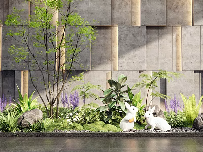 Lush Indoor Landscape With Green Plants Purple Flowers Stones White Rabbits And Gray Wall 3d model