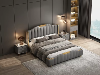 Modern Gray Upholstered Double Bed With Gold Accents Nightstands And Table Lamps 3d model