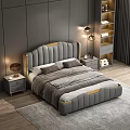 Modern Gray Upholstered Double Bed With Gold Accents Nightstands And Table Lamps