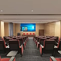 Modern Conference Room with Red Seats Wooden Walls Gray Carpet and Podium