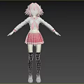 Woman with pink hair white top red skirt black stockings gray shoes dark red background