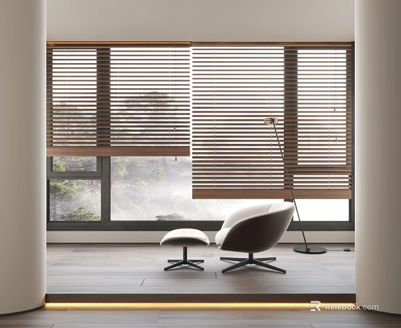Wooden Window Blinds In Modern Living Space With Lounge Chair And Stool 3d model 