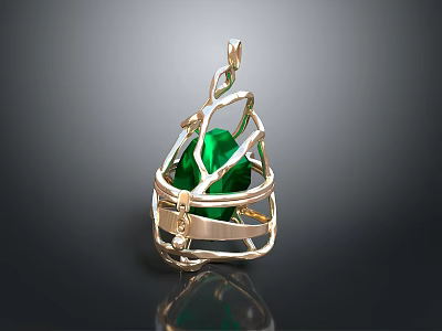Delicate Gold Pendant With Green Gemstone In Intricate Metal Frame 3d model