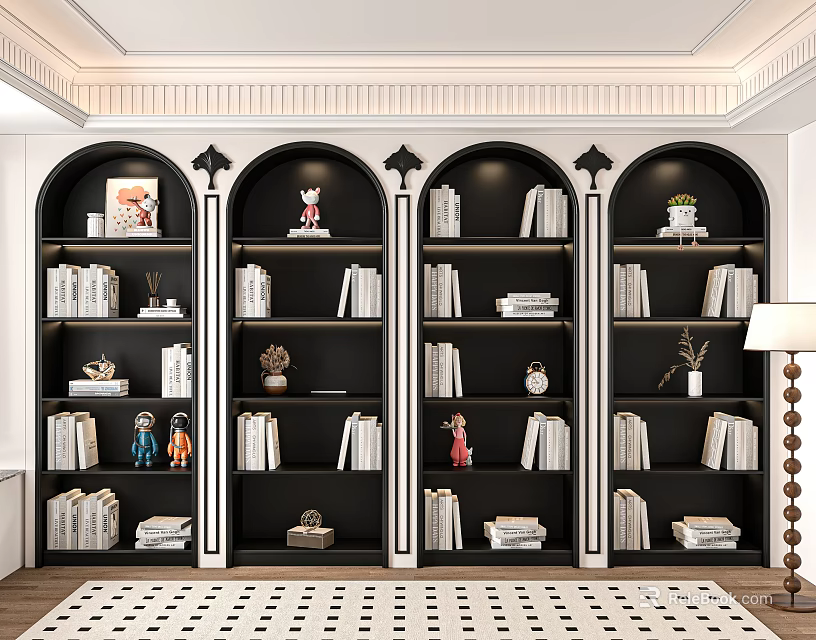 Modern Black And White Bookcase With Arched Shelves Books And Decorative Items 3d model 
