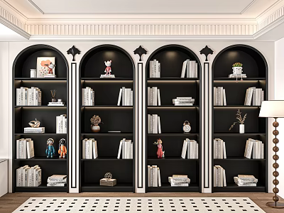 Modern Black And White Bookcase With Arched Shelves Books And Decorative Items 3d model