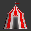 Red And White Striped Tent With Small Flag On Top Worn Appearance Dark Background