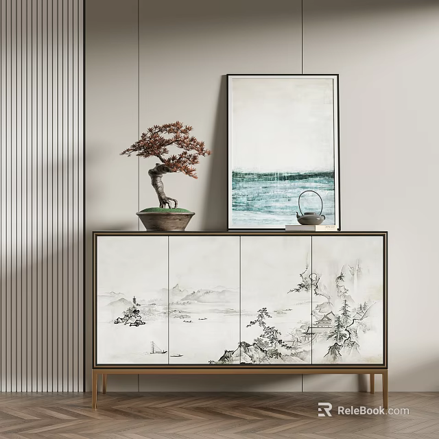 Entryway Console Table With Landscape Pattern Bonsai Tree And Wall Painting Decor 3d model