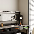 Modern Home Office Desk With Shelf Lamp Notebook Chair Green Plant And Artwork