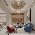 Modern Living and Dining Room Interior With Lofty Ceiling Curved Lighting And Marble Flooring