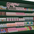 Supermarket Shelves with Assorted Beverages Dairy Products and Other Goods Neatly Arranged