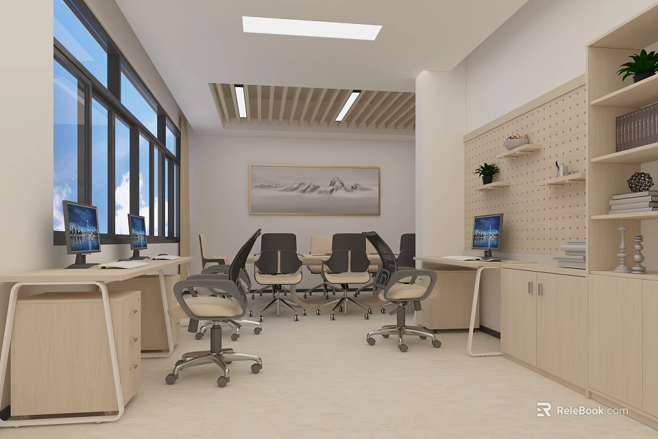 Modern Public Office Space with Bright Lighting Wooden Desks Computers Large Windows and Shelves 3d model 