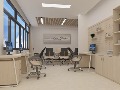 Modern Public Office Space with Bright Lighting Wooden Desks Computers Large Windows and Shelves 3d model