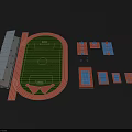 School Building Sports Facilities Layout with Running Track Football Field Stands and Basketball Courts