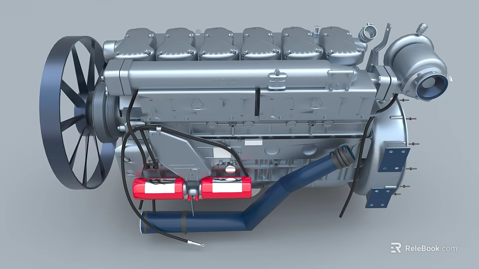 Detailed 3D Model of Engine with Cylinders Fan Red Components and Blue Pipes 3d model 