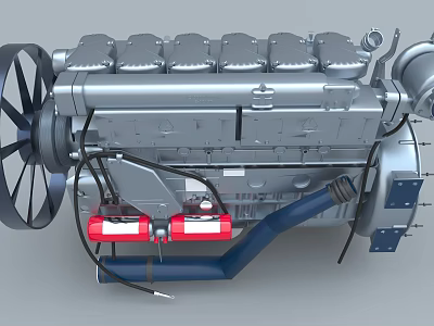 Detailed 3D Model of Engine with Cylinders Fan Red Components and Blue Pipes 3d model