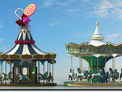 Carousel Amusement Rides Featuring Lollipop Decoration Blue White Stripes And Golden Green Horses 3d model
