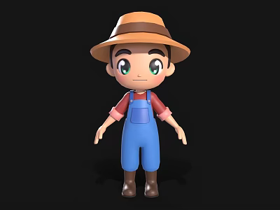 Cartoon Man With Green Eyes Wearing Straw Hat Red Shirt Blue Overalls And Brown Boots 3d model