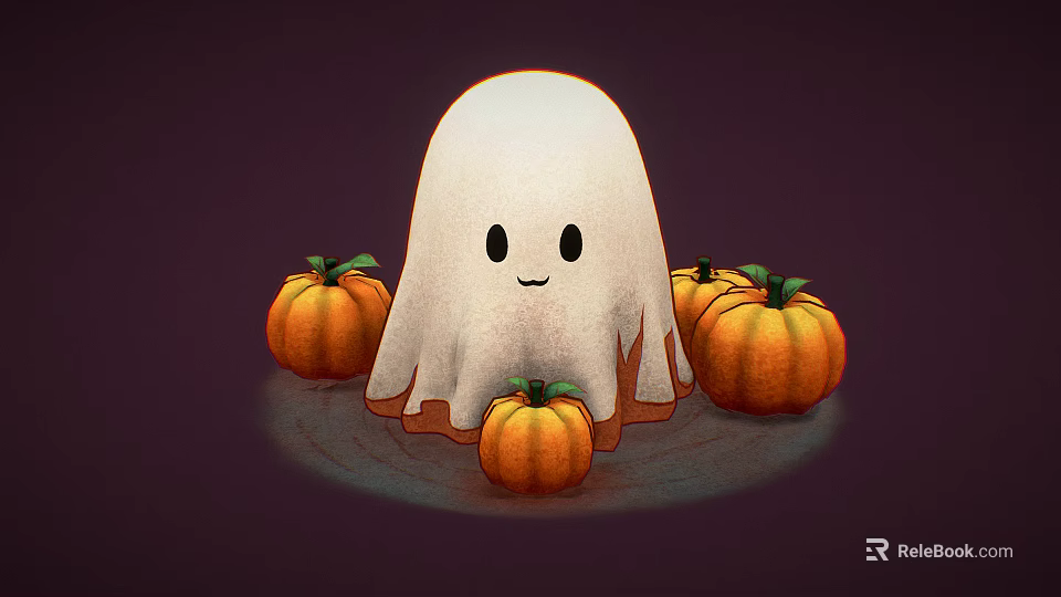 Cute Little White Ghost With Smiling Face And Surrounding Orange Pumpkins On Dark Background 3d model 