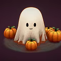 Cute Little White Ghost With Smiling Face And Surrounding Orange Pumpkins On Dark Background