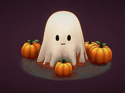Cute Little White Ghost With Smiling Face And Surrounding Orange Pumpkins On Dark Background 3d model