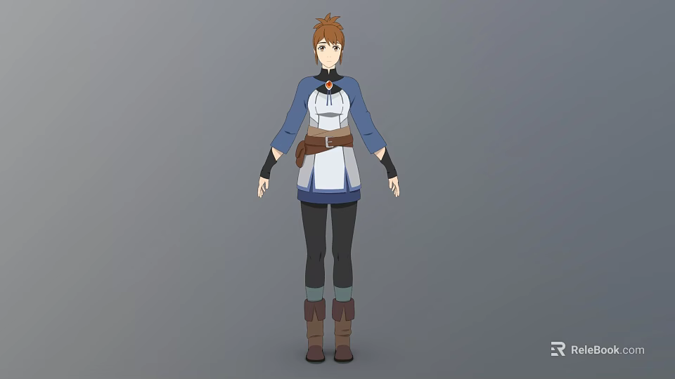 Animated Woman Character With Brown Hair Blue White Top Brown Belt And Brown Boots Standing 3d model 