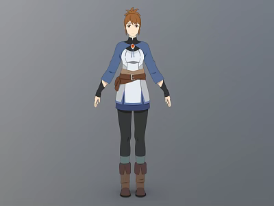 Animated Woman Character With Brown Hair Blue White Top Brown Belt And Brown Boots Standing 3d model