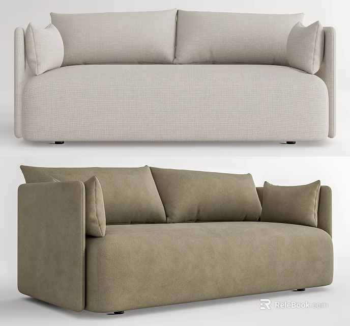 Two Seater Sofa in Light Beige and Olive Green Fabric with Modern Minimalist Design 3d model 