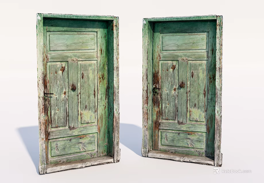 Old Green Wooden Swing Doors With Weathered Texture And Classic Design 3d model 
