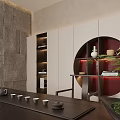 Modern Chinese Lounge Interior With Circular Cabinet And Green Plants