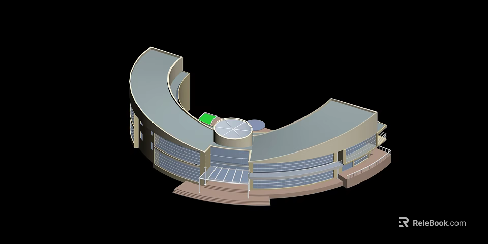 Modern Curved Office Building With Glass Facade And Circular Entrance Structure 3d model 