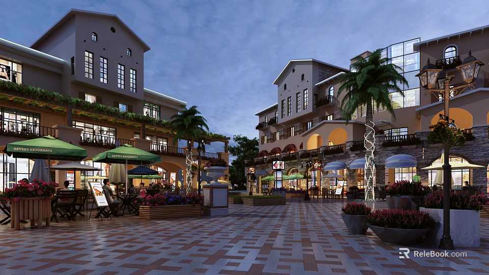 Vibrant Commercial Street with Palm Trees Outdoor Seating Umbrellas Lights and Brick-paved Square 3d model 