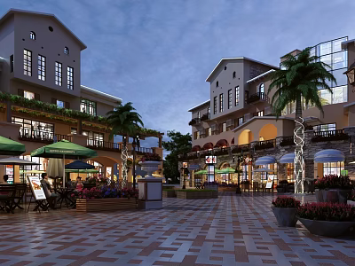Vibrant Commercial Street with Palm Trees Outdoor Seating Umbrellas Lights and Brick-paved Square 3d model