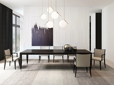 Modern Dining Table And Chairs Set With Pendant Lights And Art Painting In Room 3d model