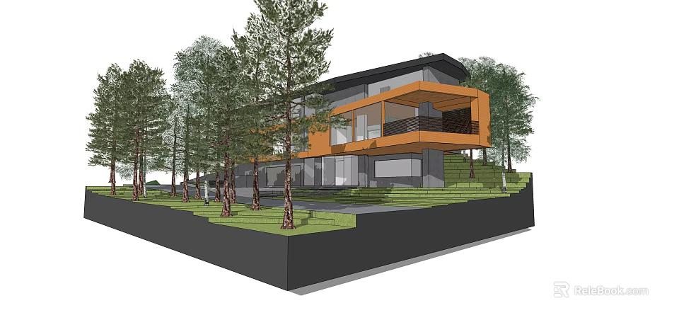 Modern Detached Villa With Glass Facade Terrace And Trees Surrounding Lawn 3d model 