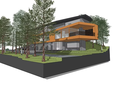 Modern Detached Villa With Glass Facade Terrace And Trees Surrounding Lawn 3d model