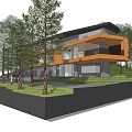 Modern Detached Villa With Glass Facade Terrace And Trees Surrounding Lawn