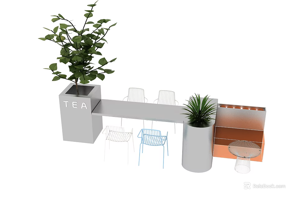Modern Outdoor Table Setup With TEA Structure Chairs And Potted Plants 3d model
