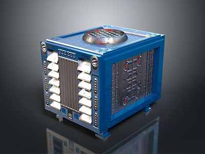 Blue Industrial Equipment Cabinet With Circular Control Panel On Top Side Interface Slots And Indicators 3d model