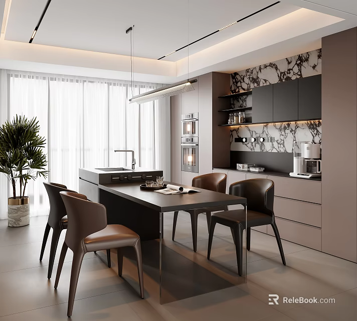 Modern Dining Room Interior With Dark Table Brown Chairs And Patterned Wall 3d model 